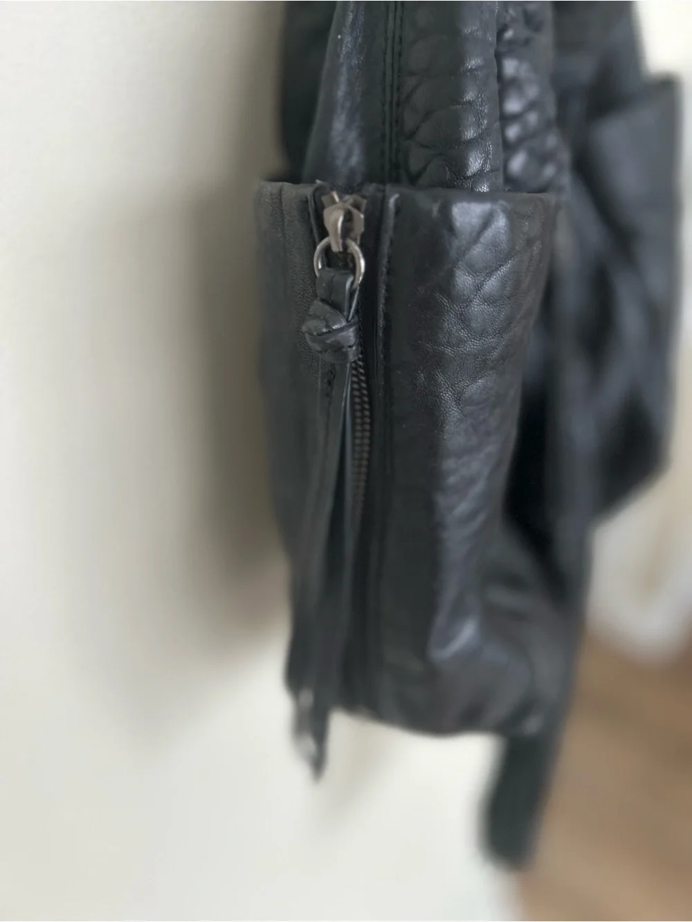 vintage Kooba hobo bag, drawstring closure, fringe tassels, exterior pockets.